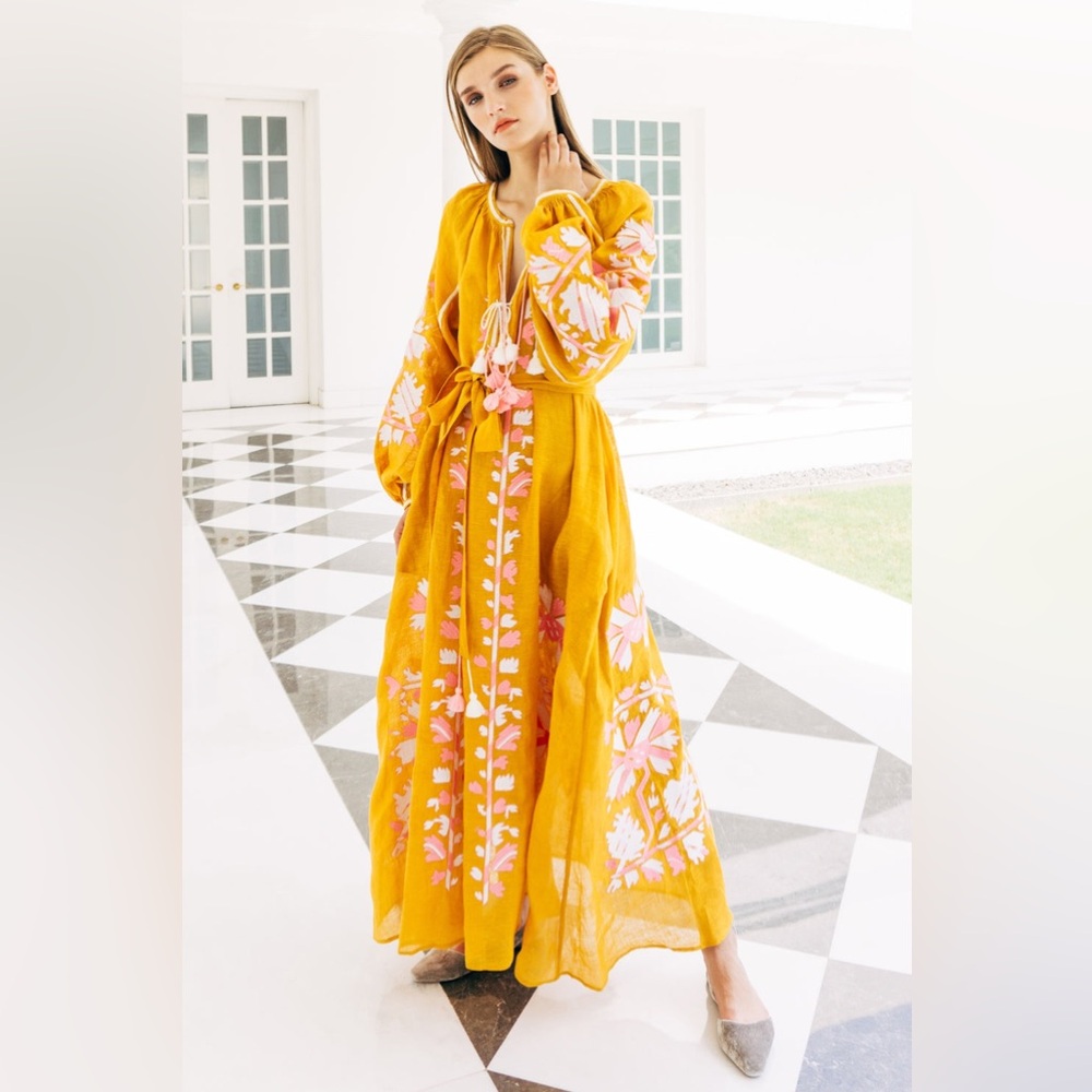 Longdenville Embroidered Linen Maxi Dress With Floral Embroidery Tina